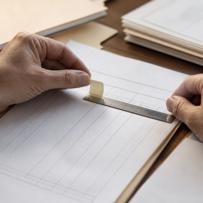 A calculator, ruler, and hand-drawn ownership bars on an uncluttered desk