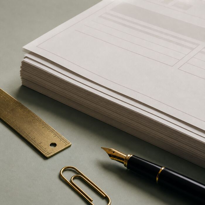 A close view of a ruled research ledger, compass point, and paper source tabs